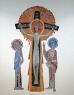Das Chorbild Kreuzigung: In der Mitte Jesus am Kreuz, links Maria und rechts Johannes Evangelsit