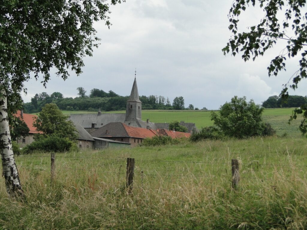 Ein Blick von der Zufahrtsstraße auf Oelinghausen; zu sehen sind der Kirchturm der Klosterkirche und die davor die Dächer des Gutshofs.