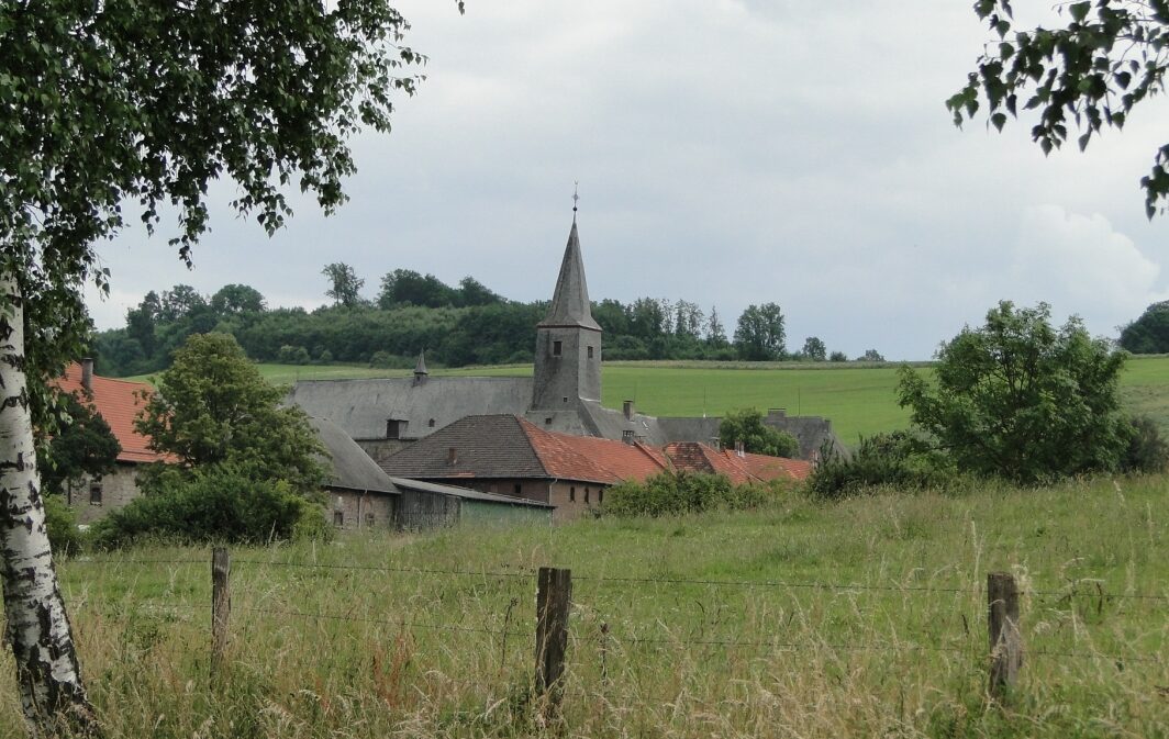 Ein Blick von der Zufahrtsstraße auf Oelinghausen; zu sehen sind der Kirchturm der Klosterkirche und die davor die Dächer des Gutshofs.