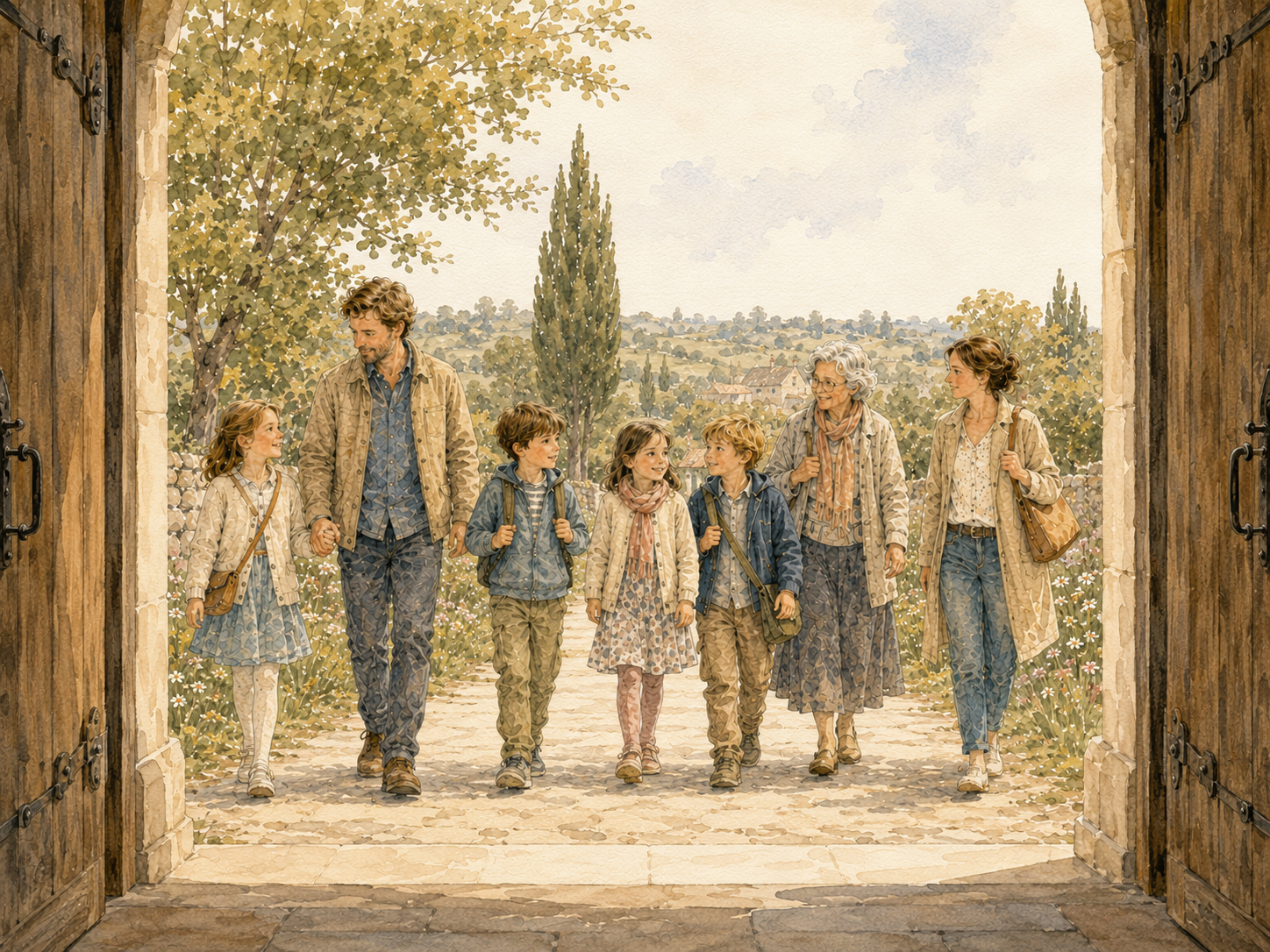 Familie vor geöffneter Kirchentür